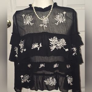 Zara Black and White Ruffled Embellished Blouse